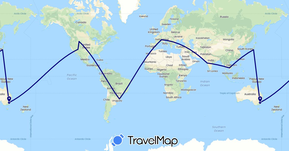 TravelMap itinerary: driving in Australia, Brazil, Switzerland, Fiji, India, Japan, Cambodia, United States (Asia, Europe, North America, Oceania, South America)
